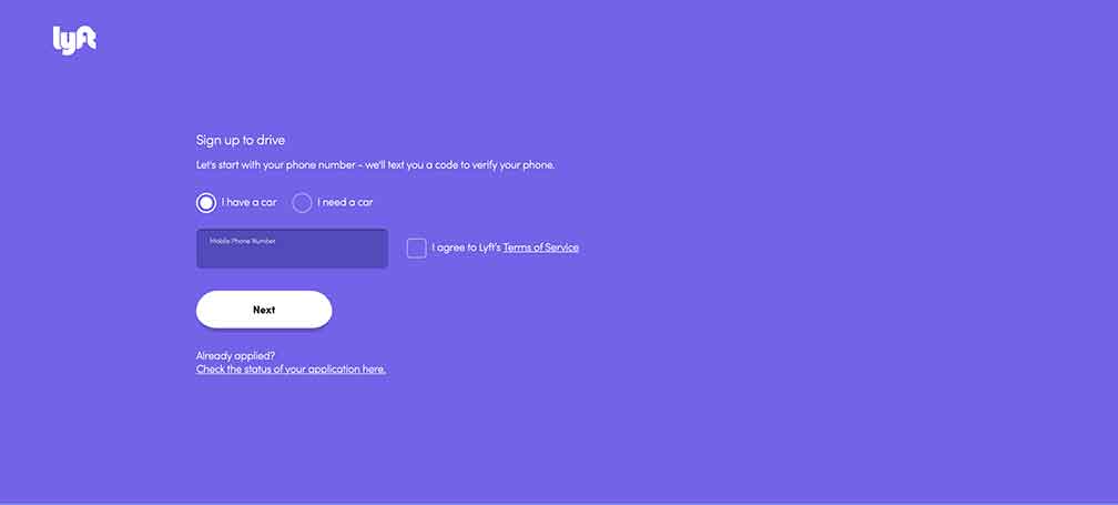 Lyft Driver Sign-up Step 1