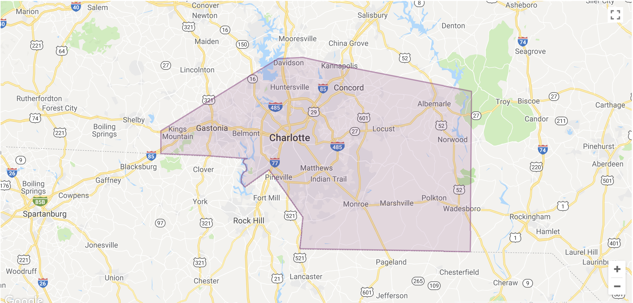 Lyft Charlotte Area Coverage map