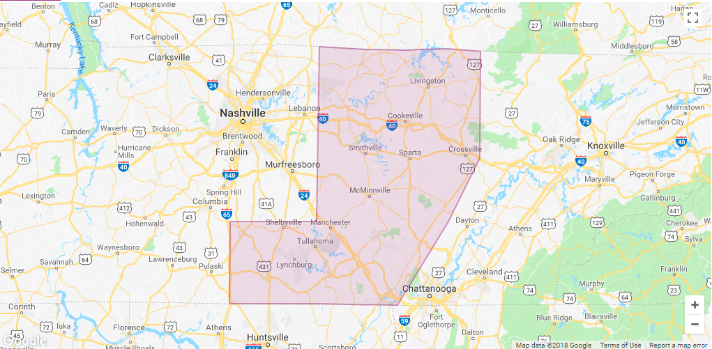 Lyft Cookeville Area Coverage map