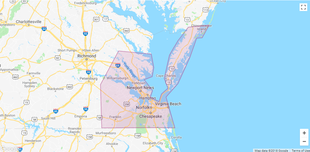 Lyft Virginia Beach, Hampton Roads, Norfolk Area Coverage map
